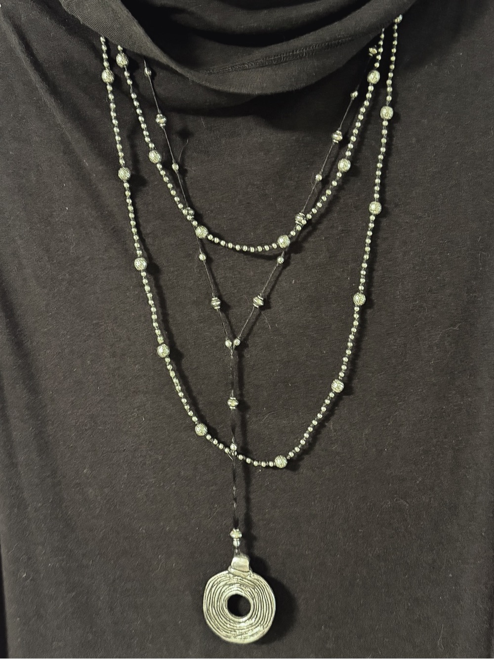 Set of 2 Silver Tone Long Beaded Pendant & Lariat Necklaces